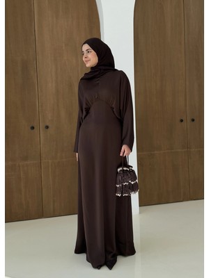 Moda Aksa Beldetay Saten Elbise Su Yolu Kahve