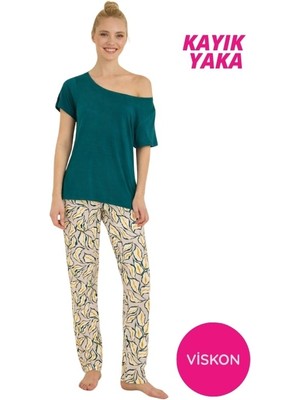 Bie's Kadın Yeşil Yaprak Desenli Düğmesiz Kayık Yaka Viskon Düşük Omuz Kısa Kol Ev Giyim Homewear Pijama Takımı
