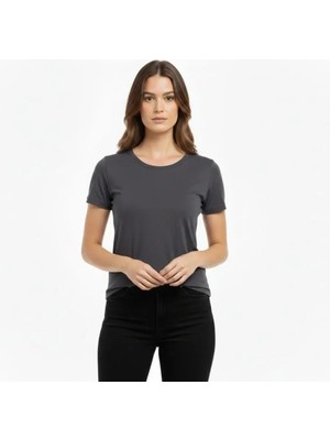 Uslucan Alışveriş T-Shirt Bisiklet Yaka Slim Fit Likralı Tişört Günlük Basic Body - Füme