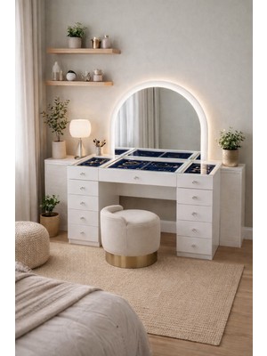 Setay Aynalı Makyaj Masası, Lavin Cam Üst Bölmeli Takı Düzenleyicili Şifonyer