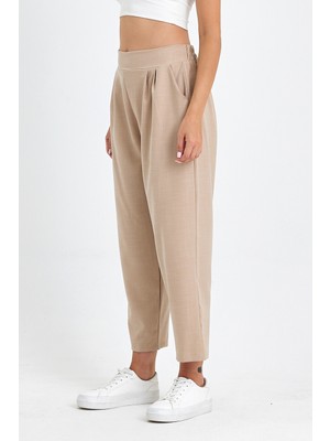 Madame Melek Yüksek Bel Beli Lastikli Likralı Keten Haki Yeşil Renk Kadın Şalvar Pantolon