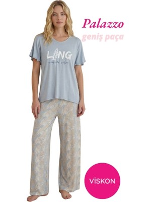 Bie's Kadın Mavi Yaprak Desenli Düğmesiz Geniş Yaka Viskon Oversize Kısa Kol Palazzo Geniş Paça Alt Homewear Pijama Takım