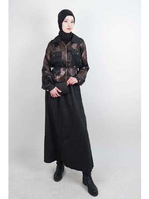 Tesettür Takım Çift Cepli Batik Saten Ceketli Etekli Ikili Takım Siyah