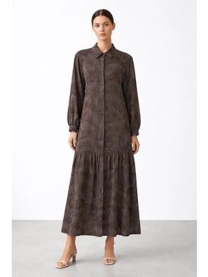 Nuss 2038 Ipek Cupra Ebruli Desen Elbise - Kahve