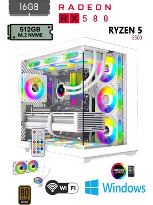 Apphirex Rebirth W55 Ryzen 5 5500 | 16GB Ram | 512GB M2 SSD | RX580 8gb | Sıvı Soğutmalı Beyaz Masaüstü Oyun Bilgisayarı