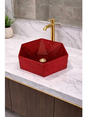 Taş Atölyesi Mermer Desenli Tezgah Üstü Altıgen Taş Lavabo 45 x 16 cm