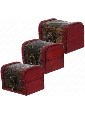 Sarego Ahşap Üretim 3'lü Sandık El Yapımı Deri Işleme Vintage Tasarım Dekoratif Hediyelik Takı Çeyiz Hatıra Sandığı
