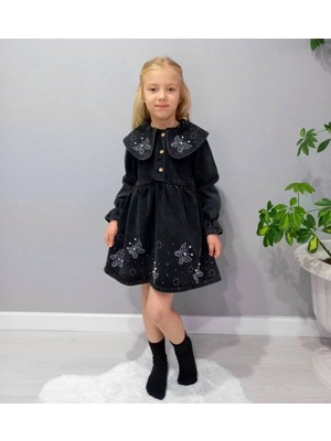 Dudor Kids Kız Çocuk Kelebek Taş Işlemeli Kot/jeans Elbise-Bayramlık