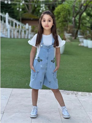 Dudor Kids Kız Çocuk Çiçek Nakışlı Kot Salopet ve Ekru T-Shirt Takım