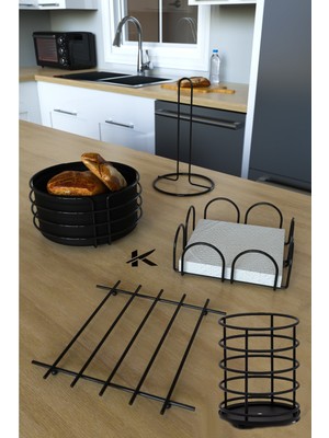 Feyza Design Yuvarlak Ekmeklik ve Peçetelik Seti, Gold Paslanmaz, 5'li