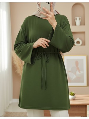 Moda Morfo Yuvarlak Yaka Beli Bağlamalı Penye Tunik -Haki