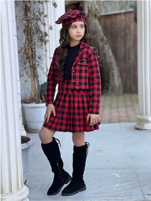 Dudor Kids Kız Çocuk Ekose Desenli Etek-Ceket-Bluz-Ressam Şapka Dörtlü Takım-Bayramlık