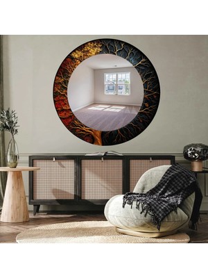 Glitglass Altın Dal ve Ağaç Desenli Yuvarlak Duvar Aynası - Dekoratif Daire Cam Ayna