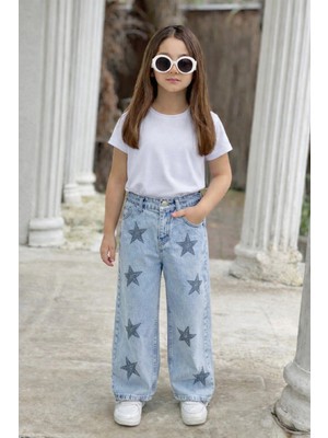 Dudor Kids Kız Çocuk Taşlı Yıldızlı Kot Pantolon (Jeans-Denim)-Bayramlık