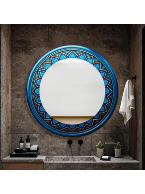 Glitglass Mavi Lotus Motifli Dekoratif Yuvarlak Ayna - Modern ve Sanatsal Banyo & Antre Aynası