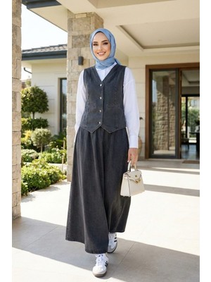 Kadın Düğmeli ve Cepli Kot Siyah Tunik Etek Ikili Takım