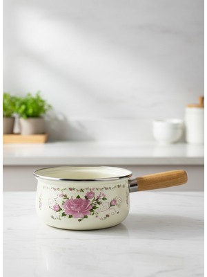 Savaşan Emaye Desenli Ahşap Saplı Sosluk ,sütlük