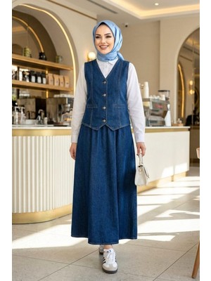 Kadın Düğmeli ve Cepli Kot Lacivert Tunik Etek Ikili Takım