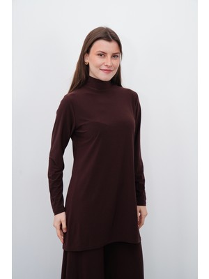 Sanem Tekstil Dik Yaka Sandy Tunik-Kahverengi