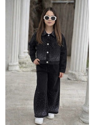 Dudor Kids Kız Çocuk Yakası Taşlı Siyah Kot Pantolon ve Kot Ceket Takım-Bayramlık