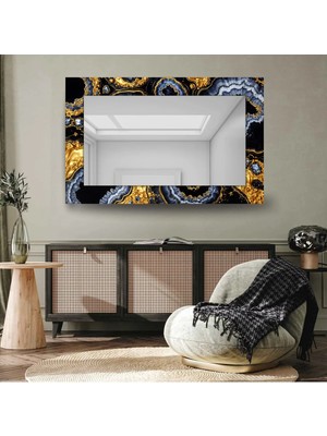 Glitglass Lüks Siyah Mermer ve Altın Varak Desenli Dikdörtgen Duvar Aynası - Dekoratif Cam Ayna