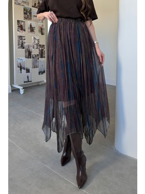 Magarde Batik Desen Astarlı Şifon Etek- Lacivert