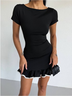 Stelol Kadın Kayık Yaka Kısa Kollu Eteği Olan Detay Dalgıç Kumaş Mini Elbise