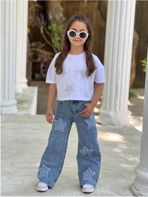 Dudor Kids Kız Çocuk Yıldız Eskitmeli Kot (Jeans) Pantolon ve Beyaz Crop T-Shirt Takım
