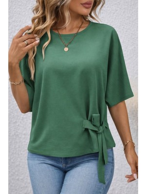 Stelol Kadın Kısa Kollu Bisiklet Yaka Yandan Bağcıklı Aerobin Bluz