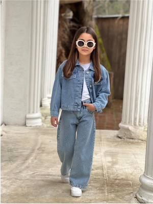 Dudor Kids Kız Çocuk Komple Taşlı Mavi Kot Pantolon ve Kot Ceket Takım-Bayramlık