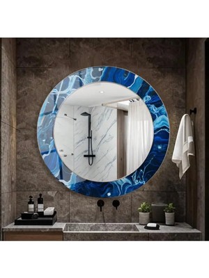 Glitglass Mavi Akışkan Mermer Desenli Yuvarlak Dekoratif Ayna