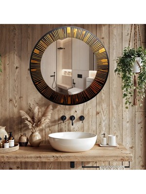 Glitglass Modern Altın Siyah Çizgi Desenli Yuvarlak Duvar Aynası - Dekoratif Cam Ayna