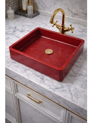 Taş Atölyesi Mermer Desenli Tezgah Üstü Kare Model Taş Lavabo 45 x 45 cm