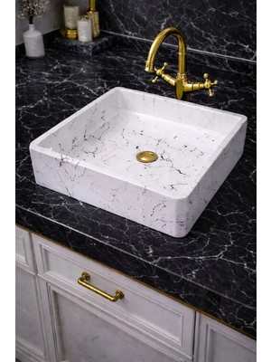 Taş Atölyesi Mermer Desenli Tezgah Üstü Kare Model Taş Lavabo 45 x 45 cm