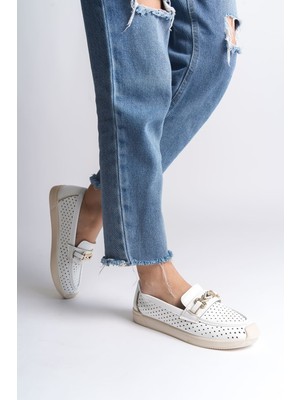 Aesco Lıly Bağcıksız Ortopedik Rahat Taban Kalp Desenli Kadın Babet Ayakkabı  Ckt - Beyaz