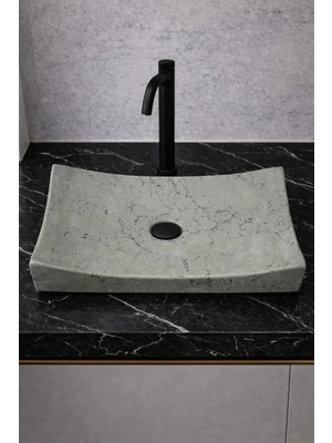 Taş Atölyesi Mermer Desenli Tezgah Üstü Kayık Model Taş Lavabo 35 x 60 cm