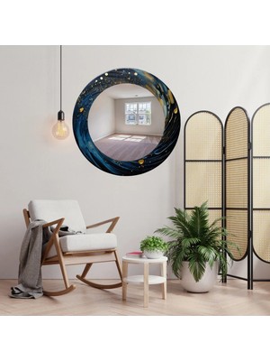 Glitglass Lüks Safir Mavi ve Altın Detaylı Cam Tablo Aynalı Duvar Sanatı - Tek Parça Modern Dekoratif Ayna