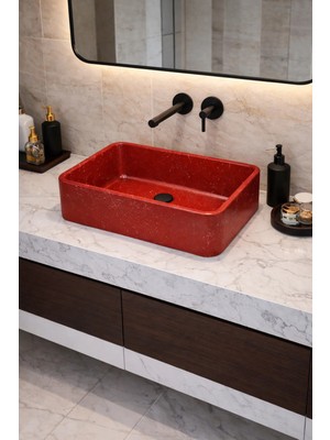 Taş Atölyesi Mermer Desenli Tezgah Üstü Çiftlik Model Taş Lavabo 60 x 40 cm