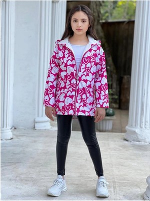 Dudor Kids Kız Çocuk Fuşya Pembe Beyaz Kalpli Su ve Rüzgar Geçirmez Trençkot-Yağmurluk-Rüzgarlık