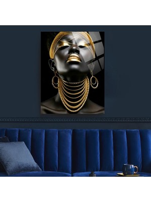 Glitglass Lüks Altın Vurgulu Siyah Kadın Portresi - Cam Tablo