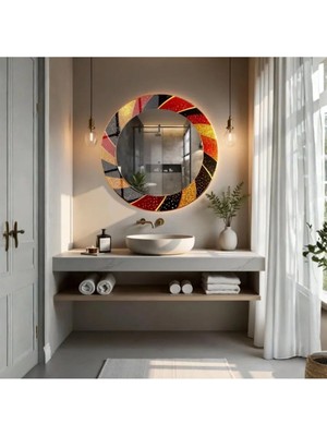 Glitglass Lüx Geometrik Kırmızı Siyah Altın Dekoratif Yuvarlak Ayna