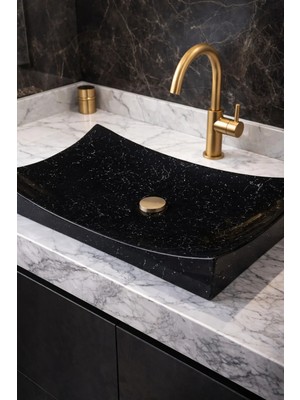 Taş Atölyesi Mermer Desenli Tezgah Üstü Kayık Model Taş Lavabo 35 x 60 cm