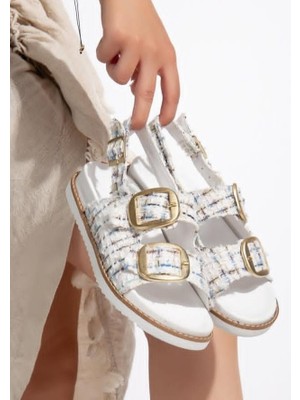 Aesco Olira Beyaz Simli Kemerli Sandalet