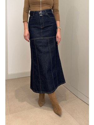 Magarde Dikiş Detaylı Midi Etek- Mavi
