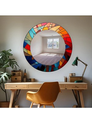 Glitglass Renkli Mozaik Desenli Yuvarlak Duvar Aynası - 4 mm Cam Dekoratif Ayna