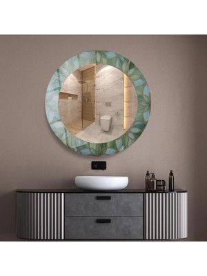 Glitglass Turkuaz ve Altın Detaylı Yaprak Motifli Yuvarlak Ayna - Modern Banyo ve Antre Aynası