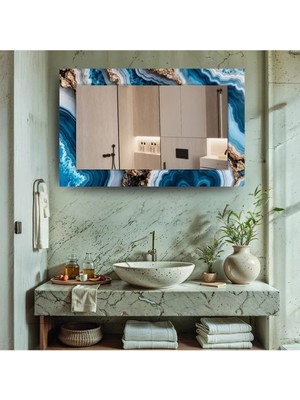Glitglass Mavi Agat Kristal Desenli Dikdörtgen Duvar Aynası - Modern Sanatsal Cam Ayna