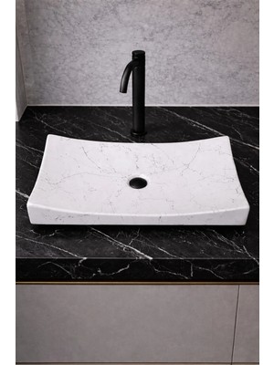 Taş Atölyesi Mermer Desenli Tezgah Üstü Kayık Model Taş Lavabo 35 x 60 cm