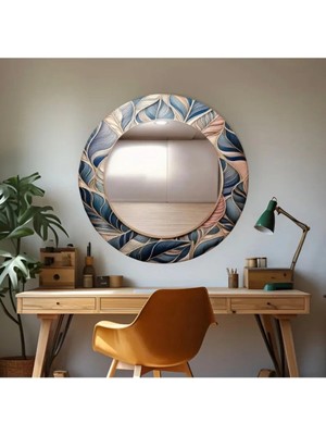 Glitglass Lüx Yuvarlak Dekoratif Çerçeveli Ayna | Mavi Altın Yaprak Desenli