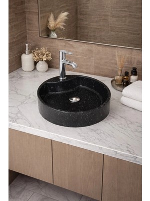 Taş Atölyesi Mermer Desenli Tezgah Üstü Yuvarlak Çanak Taş Lavabo 45 cm Musluk Delikli